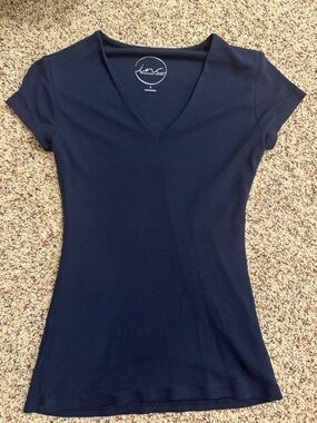 INC International Concepts Navy Ribbed V-Neck Short Sleeve Top